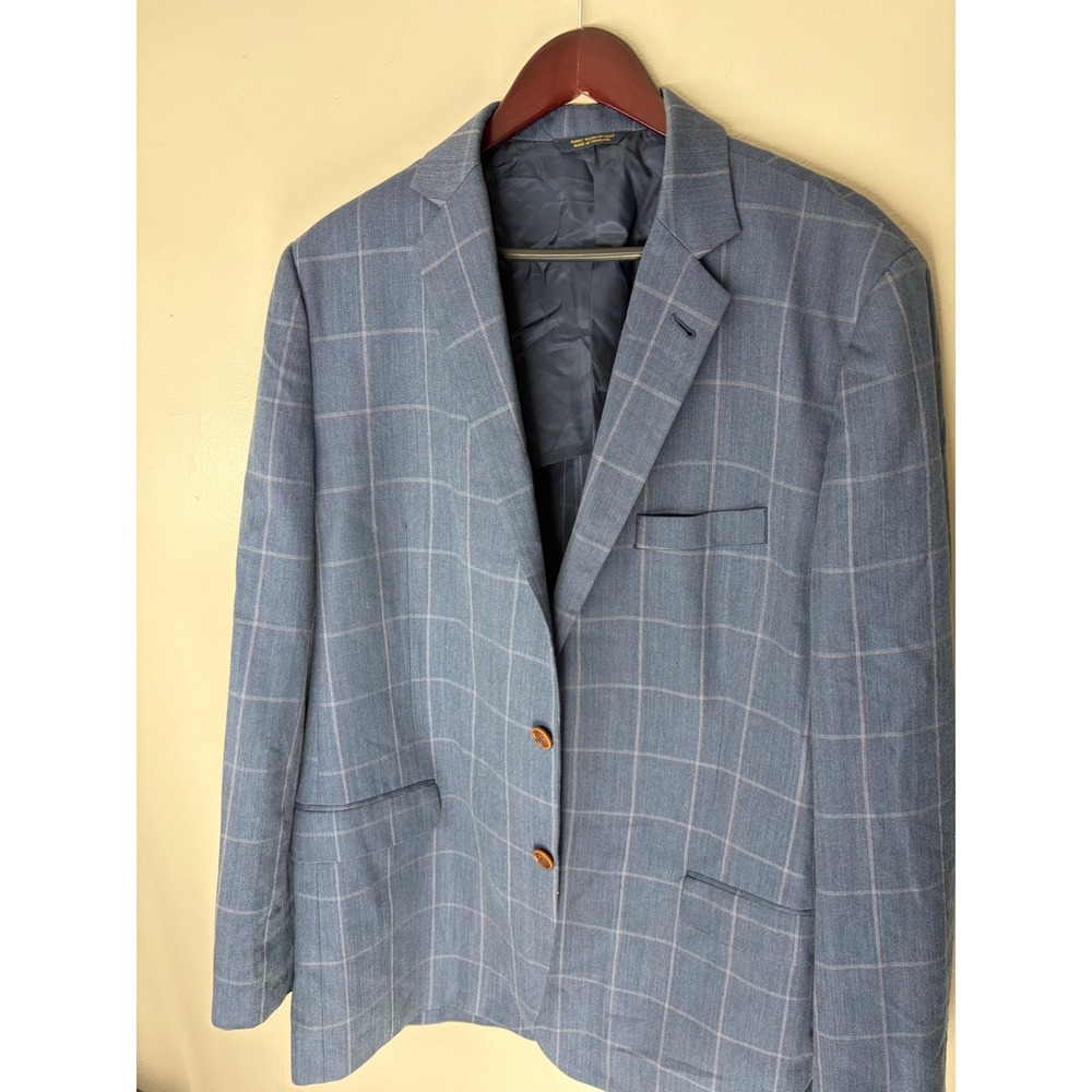 Brooks Brothers 1818 Fitzgerald Windowpane Blazer Blue Cotton Wool Silk 48L